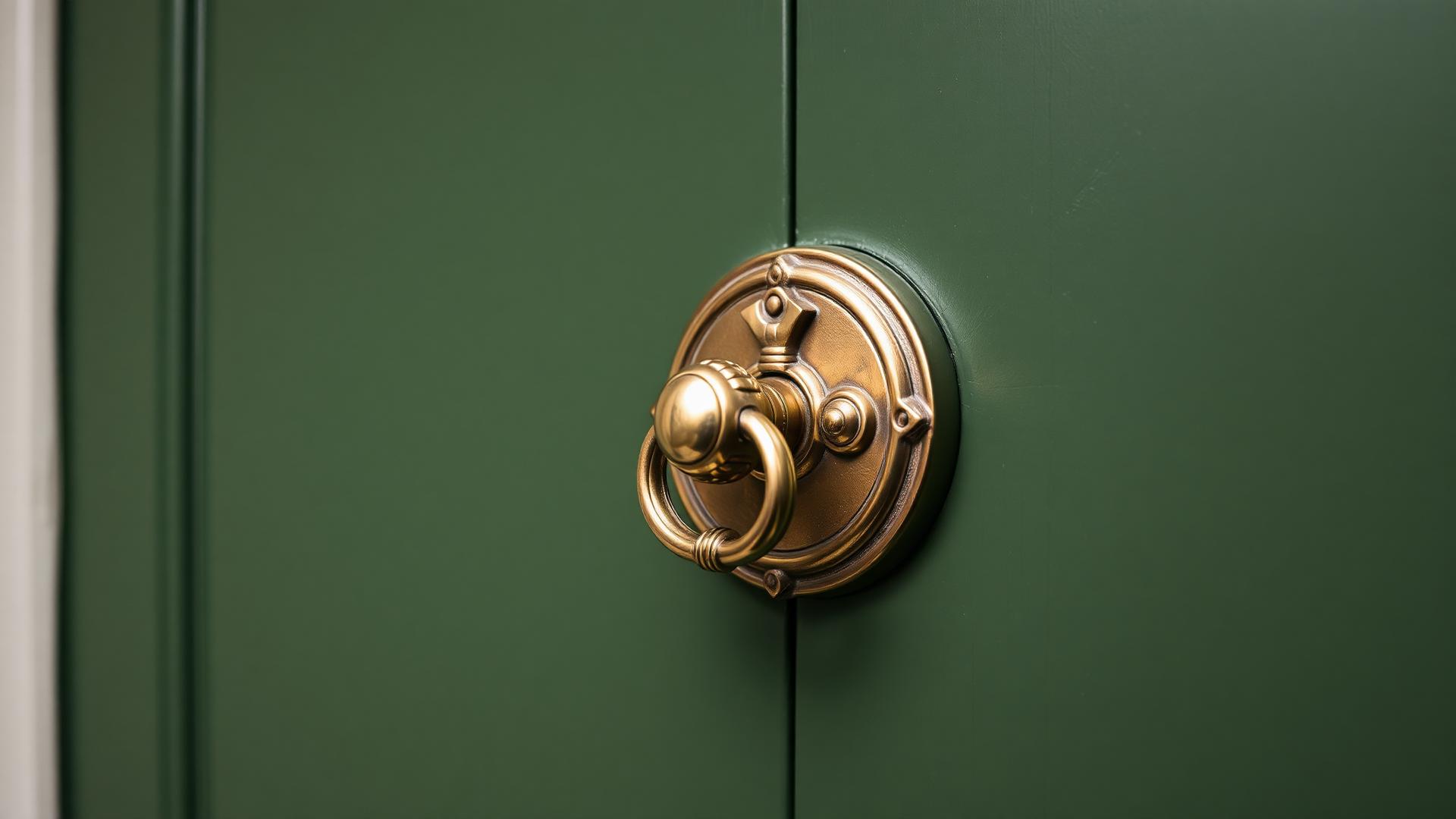 Brass door knocker on a moss-green Leeds chambers door