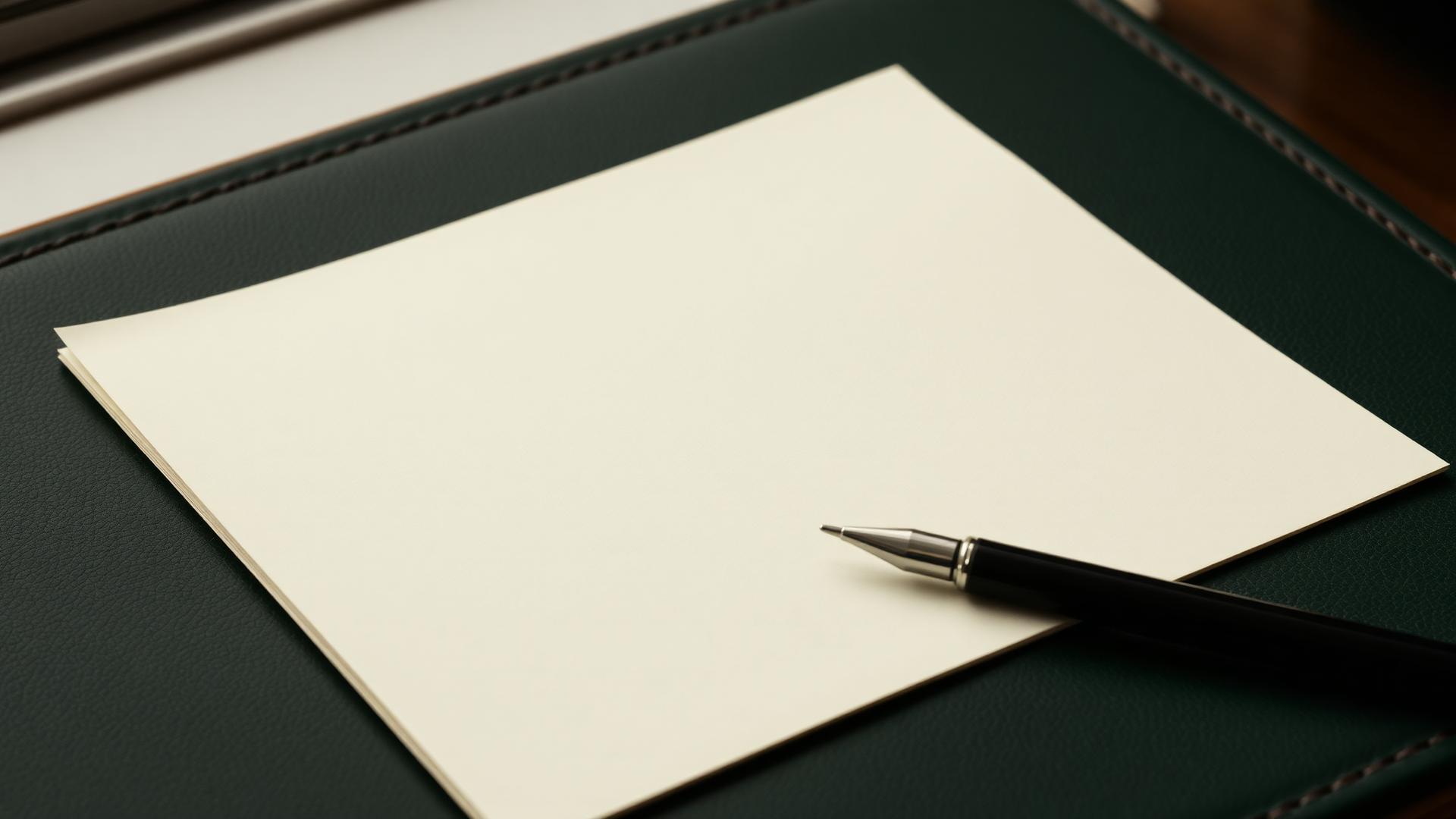 Cream sheet of paper and a black fountain pen on a green leather desk